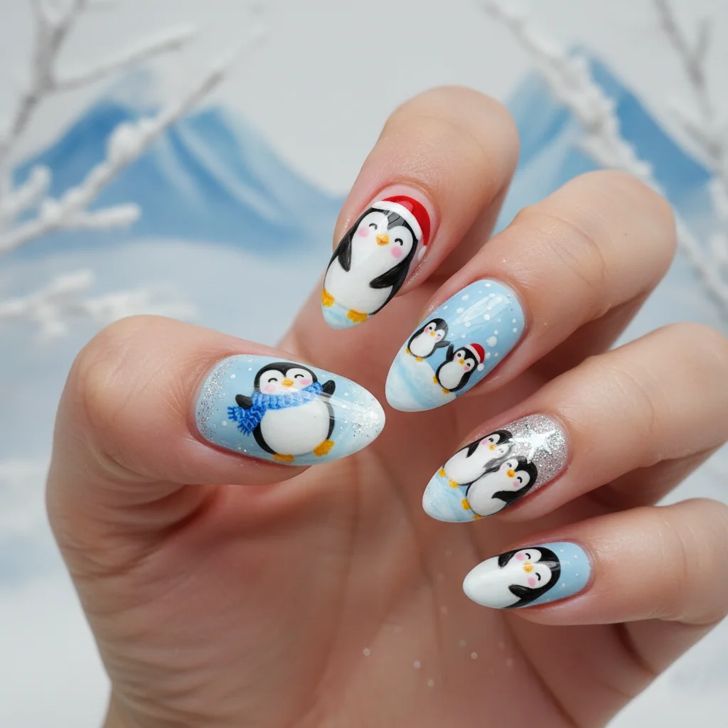 Adorable Penguin Pals Design Christmas Nails