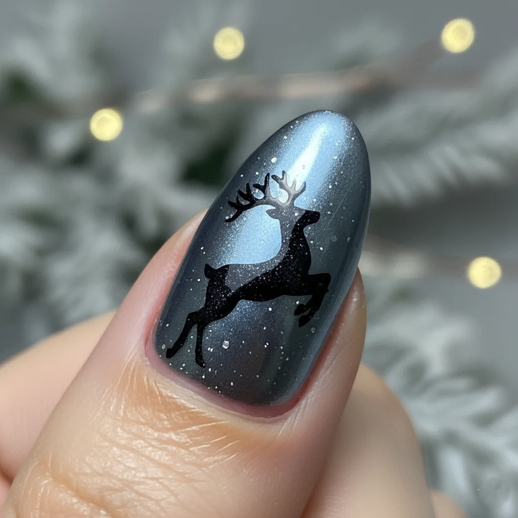 Chrome Reindeer Silhouette Christmas Nails