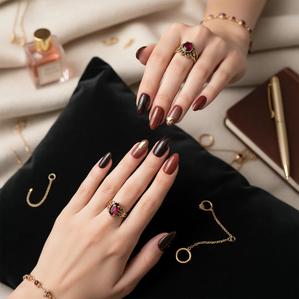 Classic Luxury Deep Merlot and Cherry Mocha Shades - Chic Late Winter Nail Design and Color Inspo
