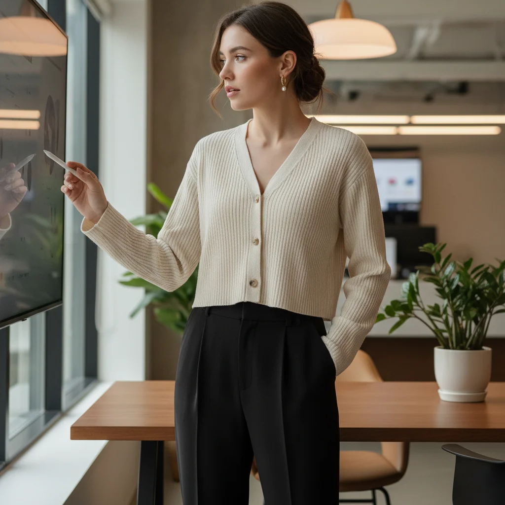 Cropped Cardigan (Worn as a Top) with Peg Trousers, Modern Business Casual Outfits for Women