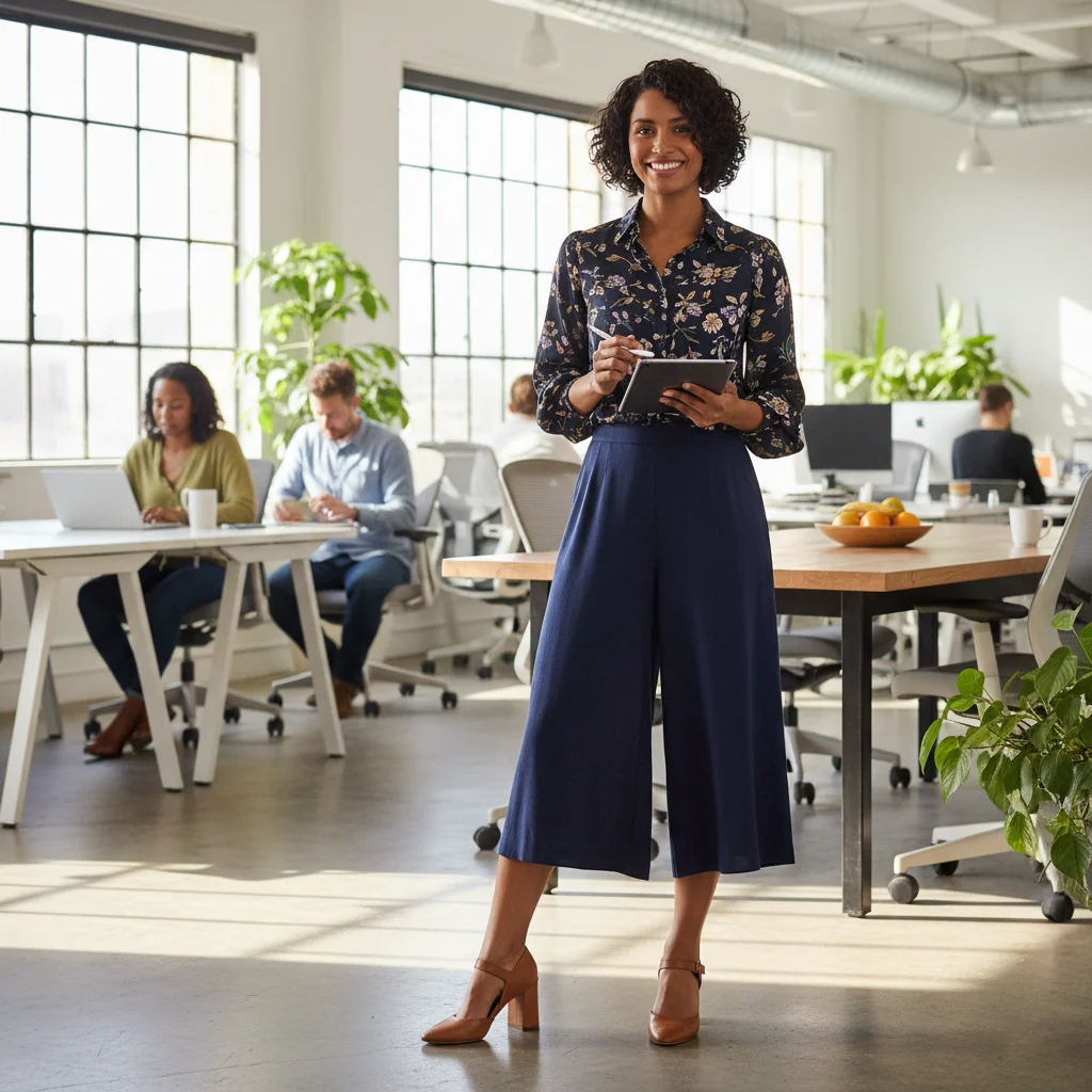 Dark Floral Blouse and Comfortable Culottes, Modern Business Casual Outfits for Women