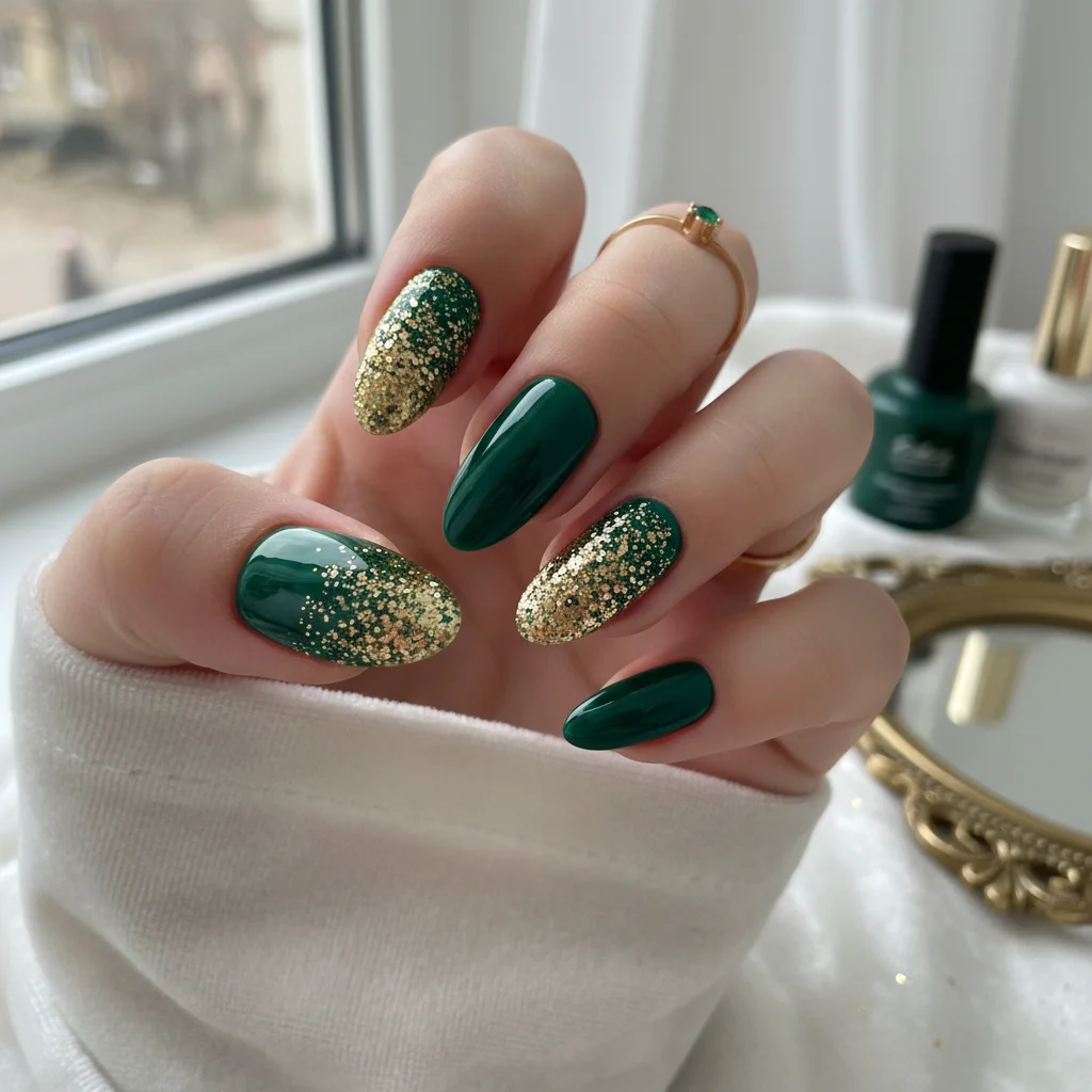 Deep Emerald & Dazzling Gold Glitter Christmas Nails
