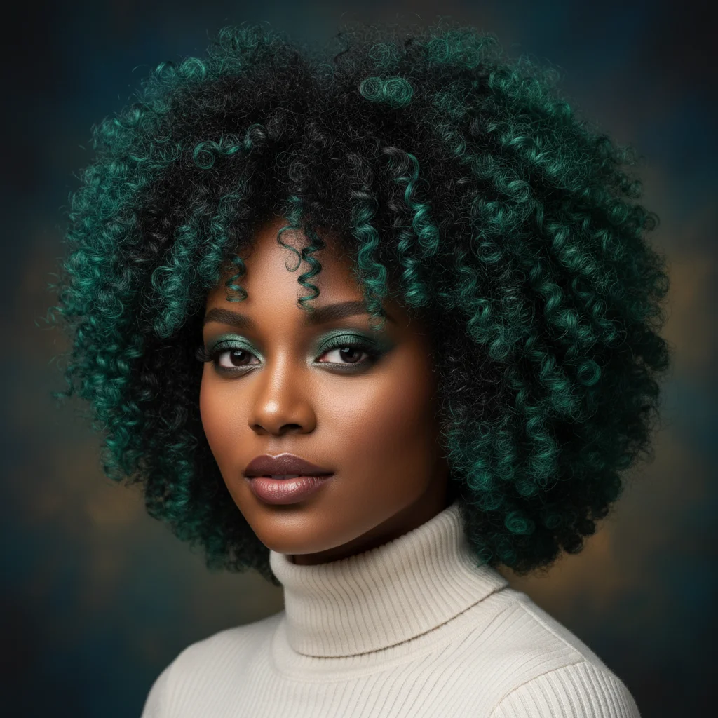 Deep Teal Emerald Accents Winter Hair Colors for Black Women