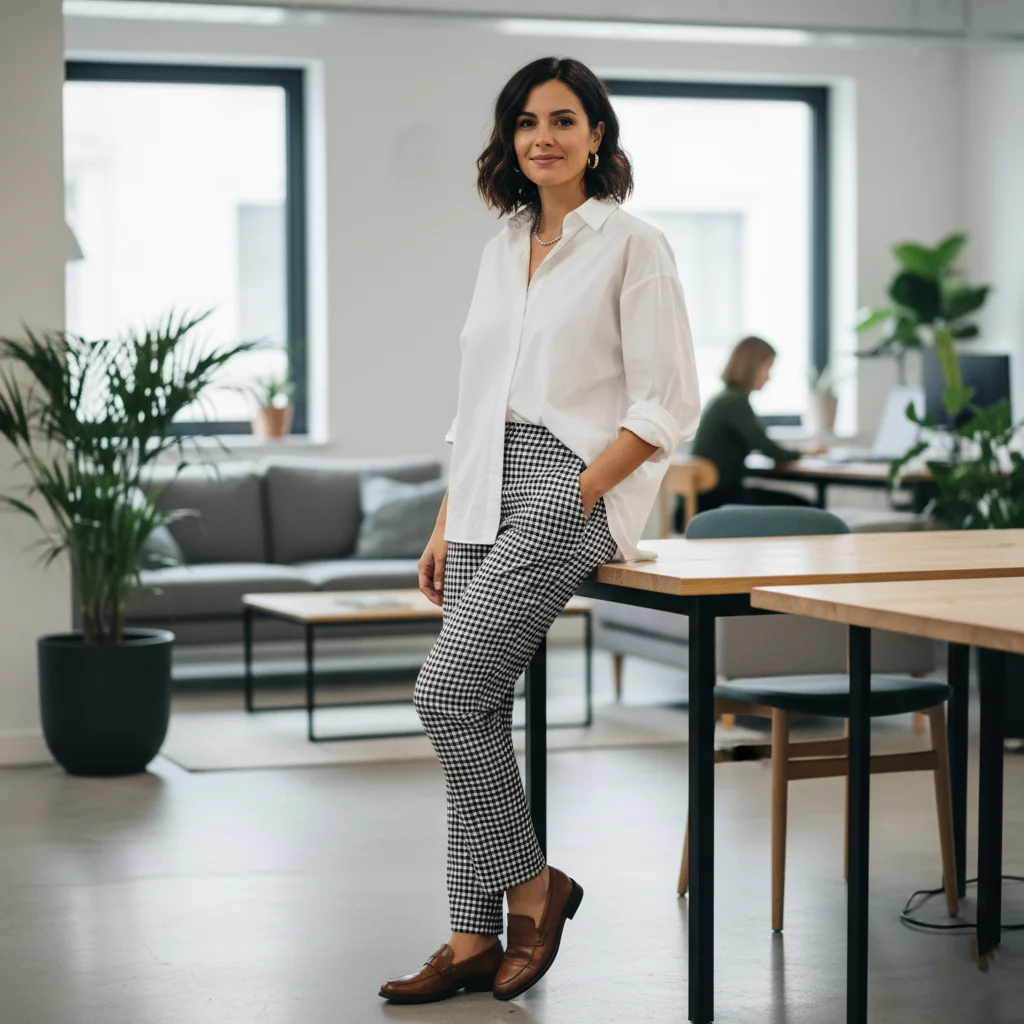 Gingham Trousers with a Solid White Button-Down, Modern Business Casual Outfits for Women
