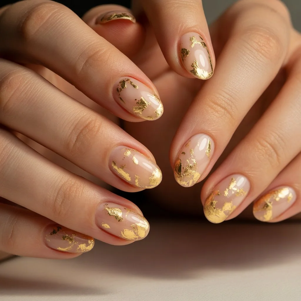 Gold Flakes on a Nude Base Christmas Nails