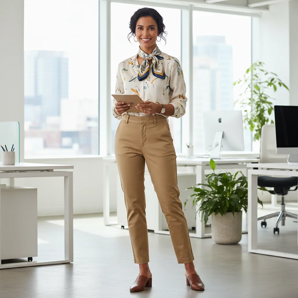 High-Waisted Chinos and a Patterned Silk Scarf Blouse, Modern Business Casual Outfits for Women