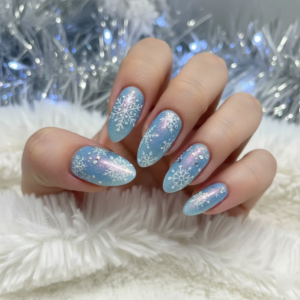 Icy Blue Base with Detailed Snowflakes Christmas Nails