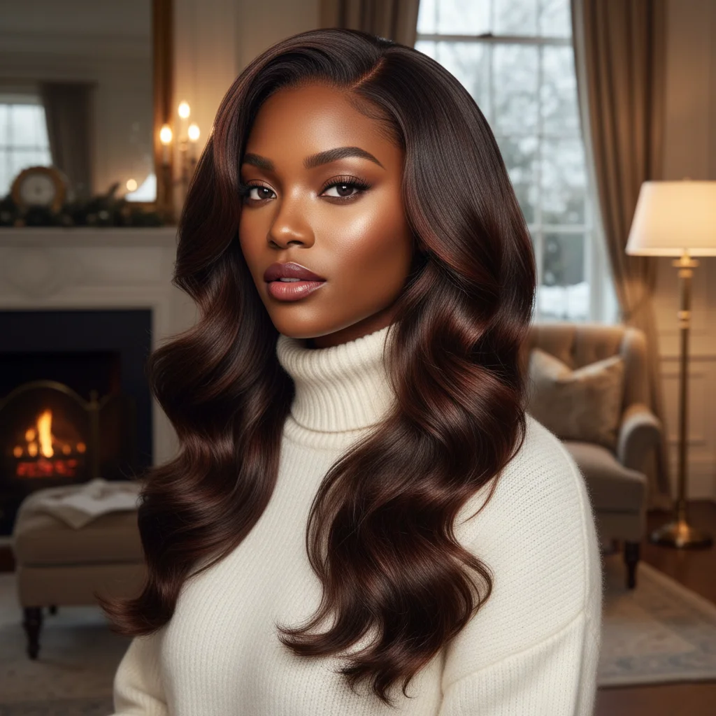 Luxe Chocolate Brown (The High-Gloss Upgrade) Winter Hair Colors for Black Women