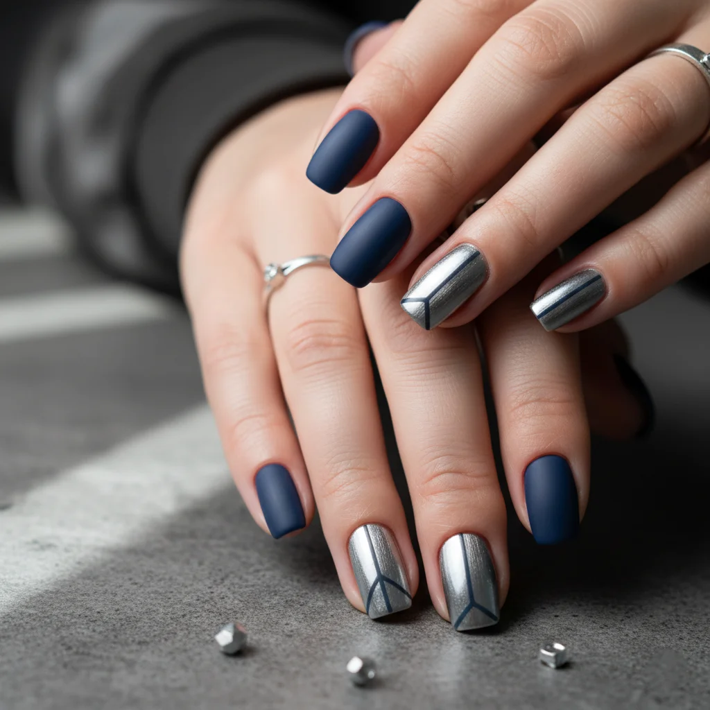 Matte Midnight Blue & Sleek Silver Christmas Nails