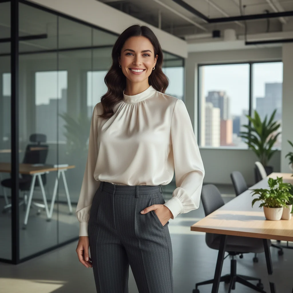 Pinstripe Trousers and a Silky High-Neck Top, Modern Business Casual Outfits for Women