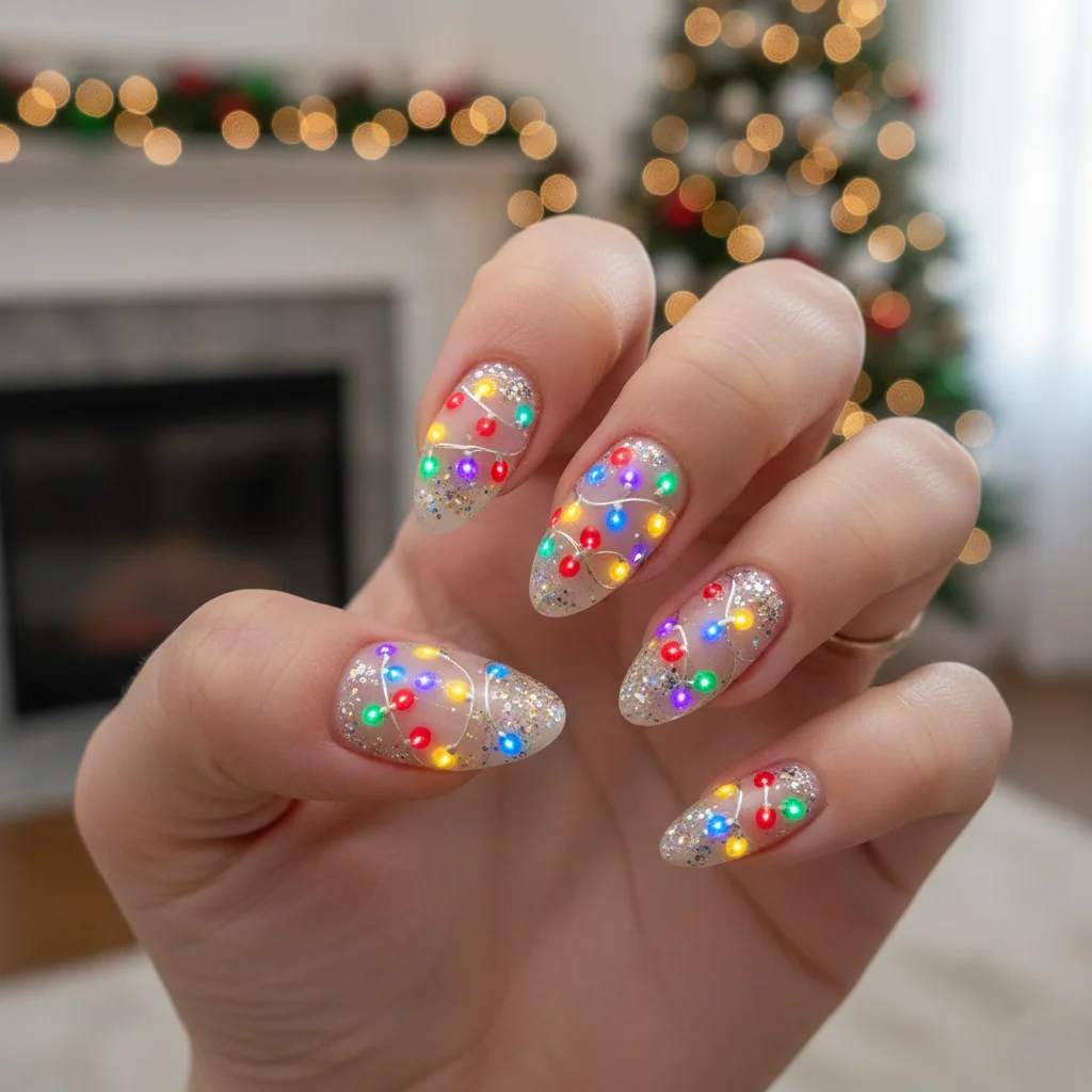 Playful Festive String Lights Christmas Nails