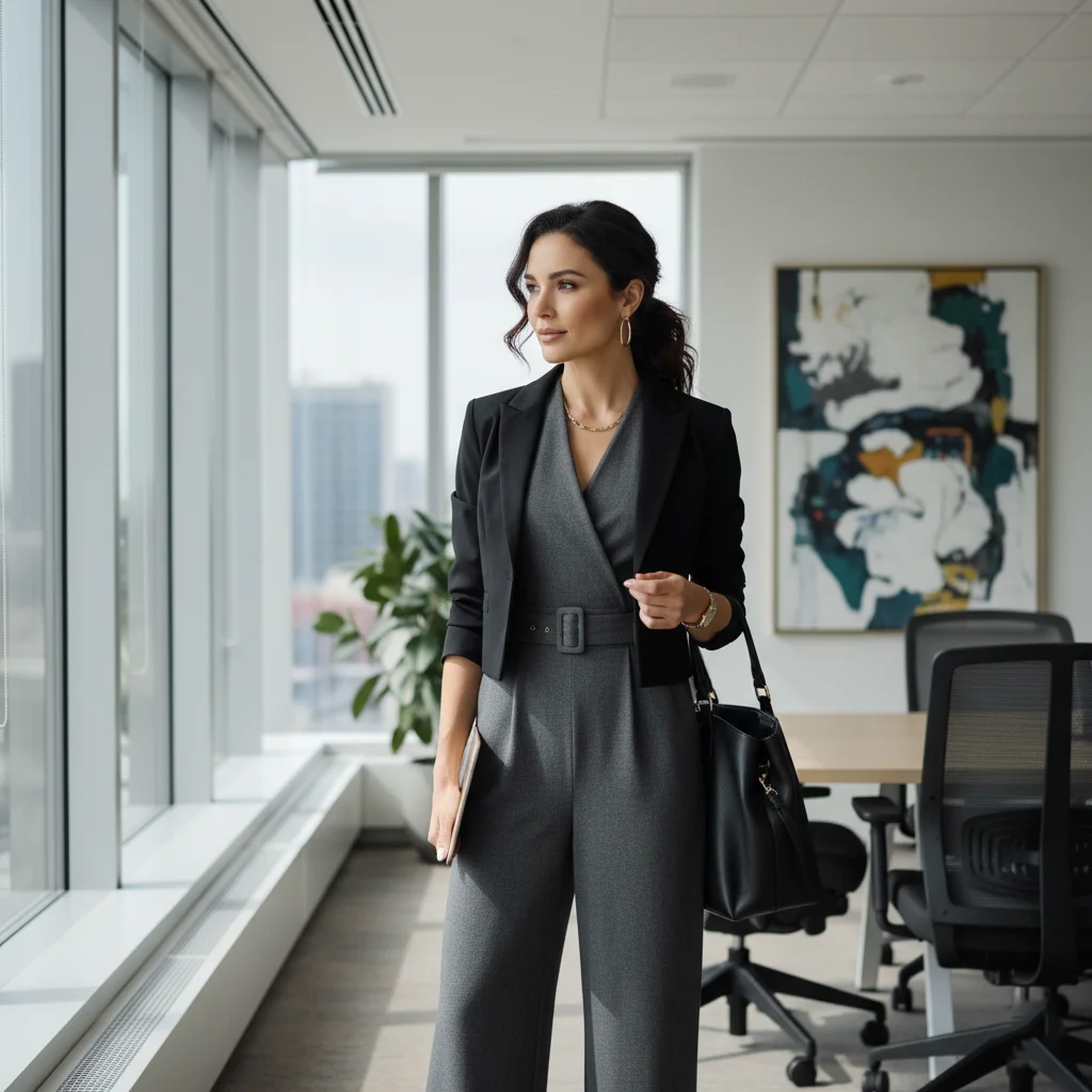 Refined Jumpsuit Layered with a Short Jacket, Modern Business Casual Outfits for Women