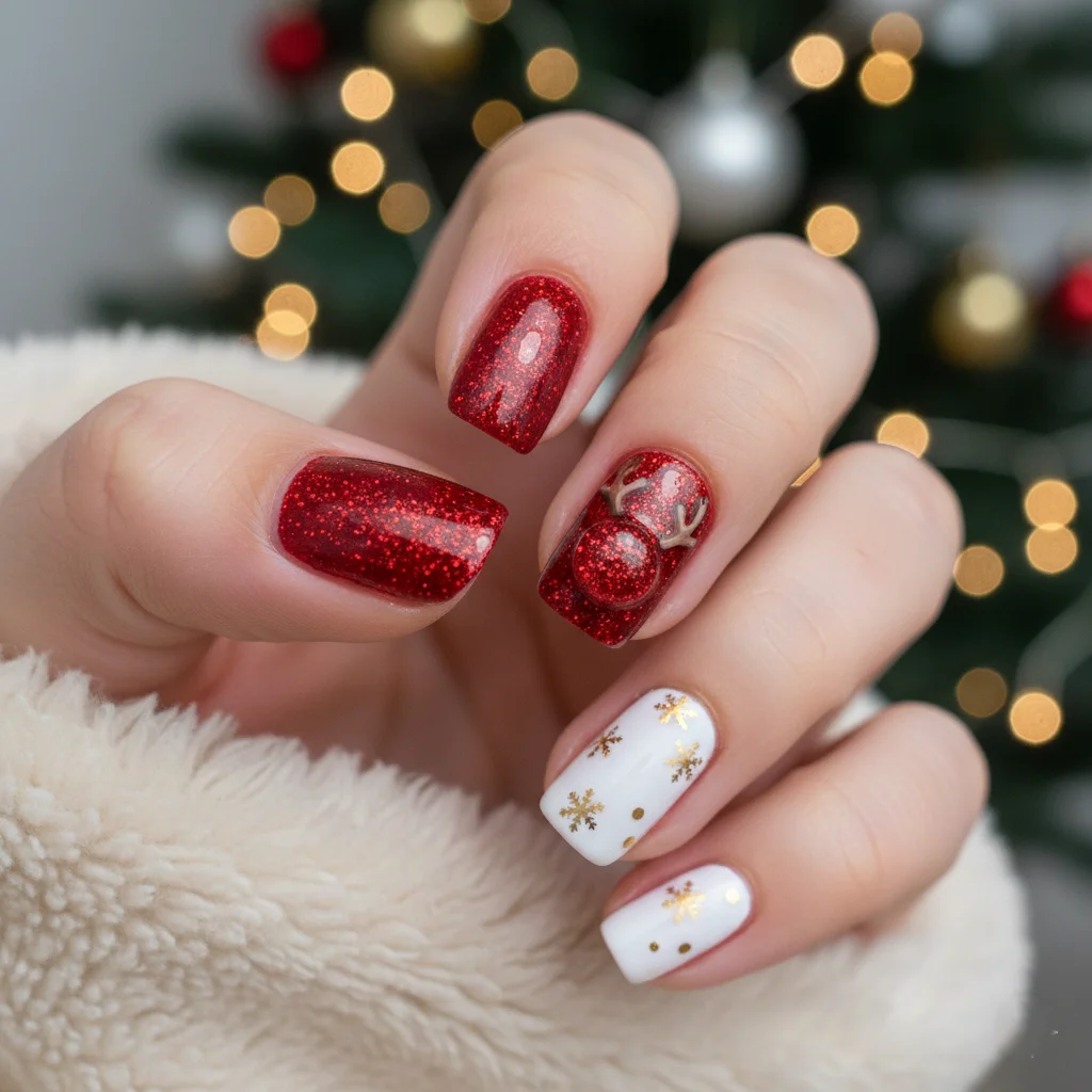 Rudolph's Glittery Red Nose Accent Christmas Nails