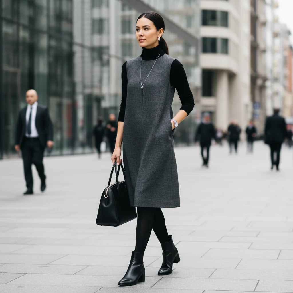 Sleek Turtleneck under a Minimalist Shift Dress, Modern Business Casual Outfits for Women