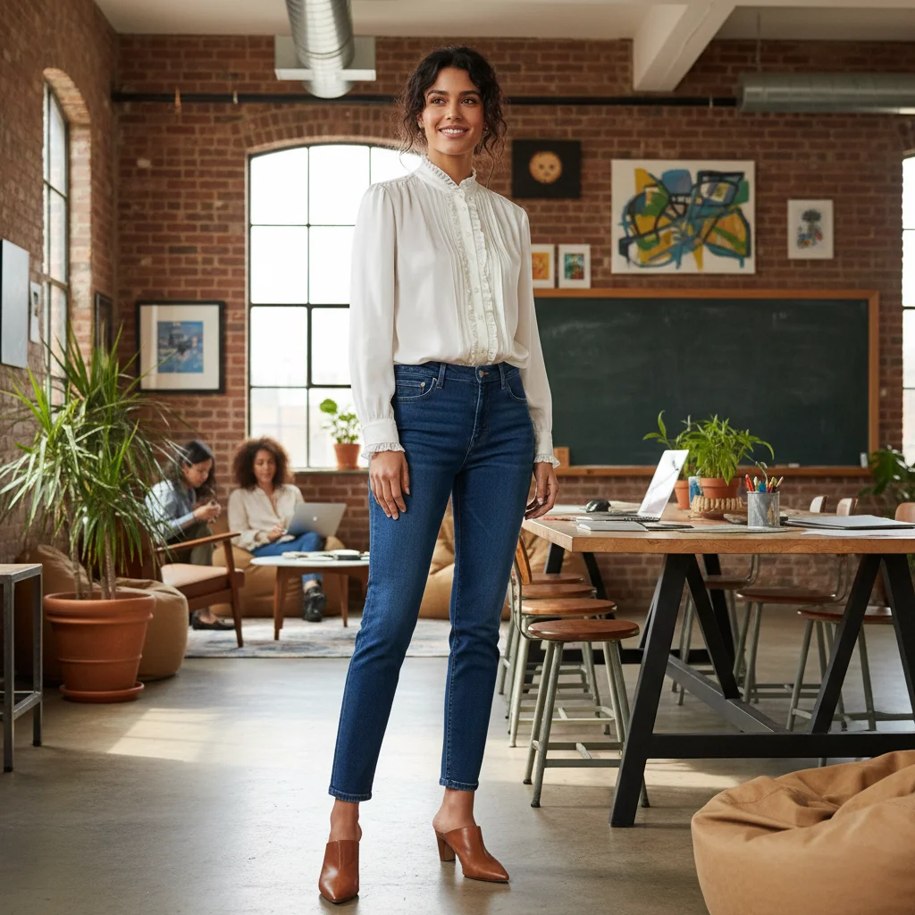 Smart Denim with a Tucked-In Ruffled Blouse, Modern Business Casual Outfits for Women