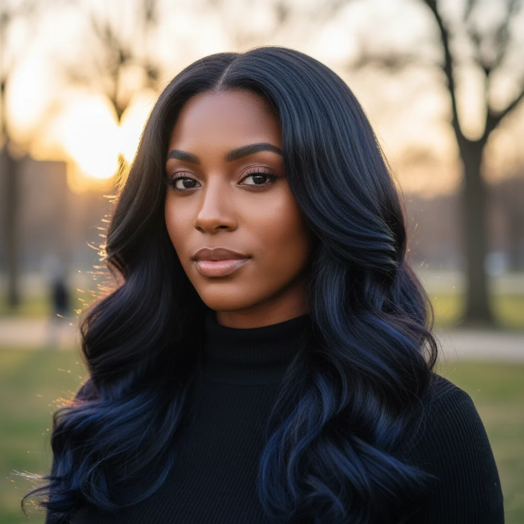 Soft Black with Blue Lowlights (The Secret Depth) Winter Hair Colors for Black Women