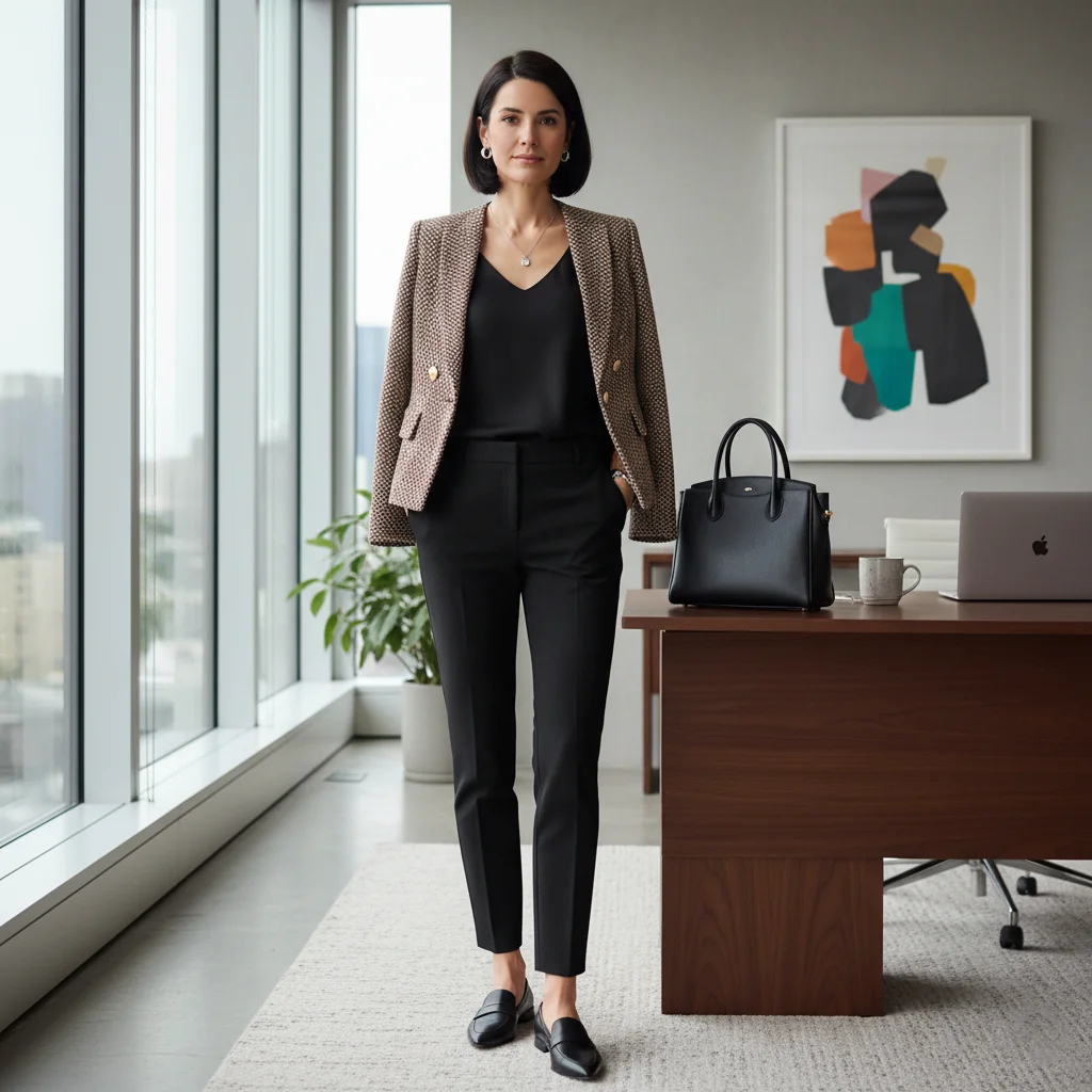 The Classic Tweed Jacket with Slim Black Trousers, Modern Business Casual Outfits for Women