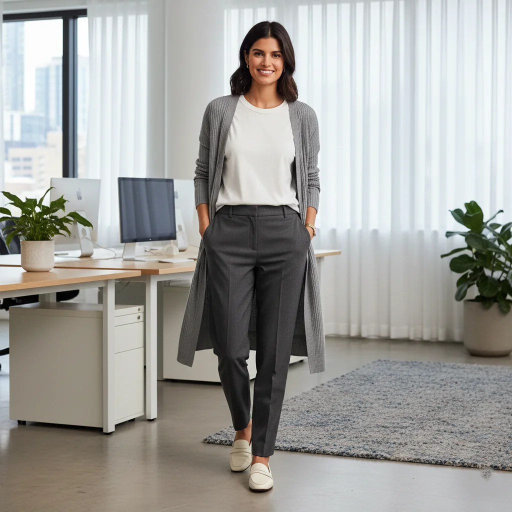 The Layered Look T-Shirt, Cardigan, and Wool Trousers, Modern Business Casual Outfits for Women
