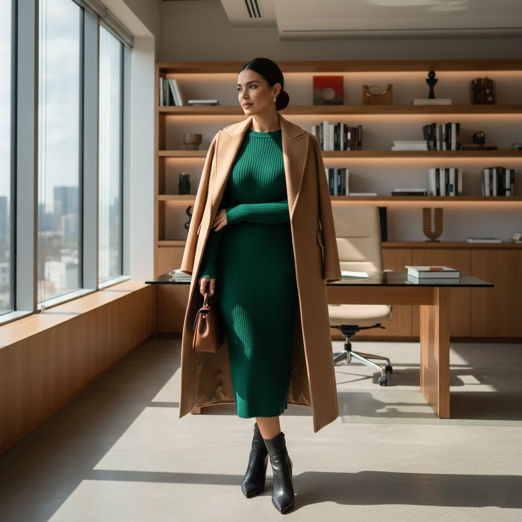 The Polished Knit Dress and Long Coat Ensemble, Modern Business Casual Outfits for Women