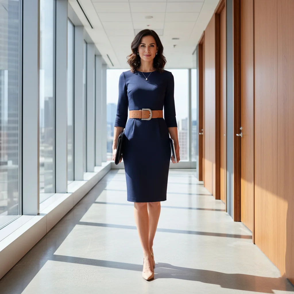 The Statement Belt over a Simple Sheath Dress, Modern Business Casual Outfits for Women