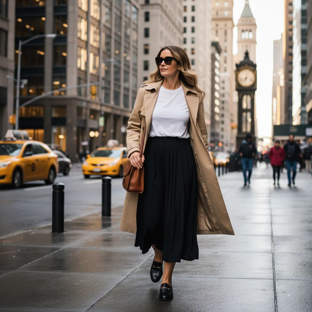 The Versatile Trench Coat Over a Simple Midi Skirt, Modern Business Casual Outfits for Women
