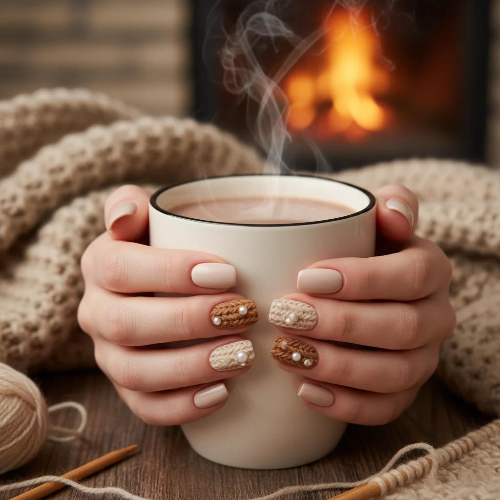 Warm Texture DIY Sweater Knit Accent Nails - Chic Late Winter Nail Design and Color Inspo